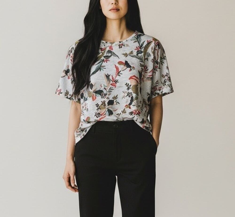Rachel Zoe 100% Linen Floral Button Back Short Sleeve Top T-shirt Blouse 1X